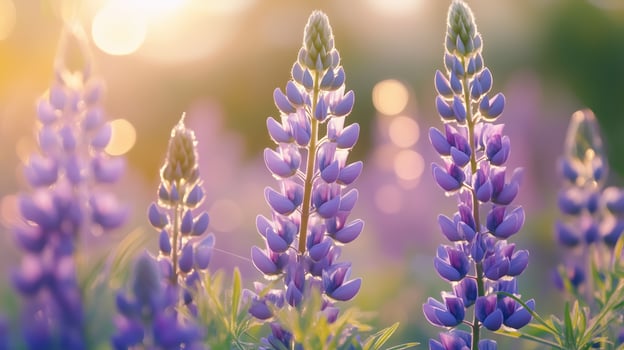 Beautiful lupine flowers blooming in a sunny meadow during springtime, showcasing vibrant purple hues and a serene atmosphere photo