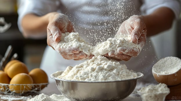Baker sifts flour in a kitchen with fresh eggs on the counter in the morning light photo