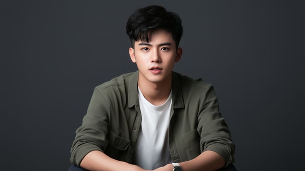 A young man with dark hair sitting against a gray background wearing a green jacket and a white shirt in a casual pose photo