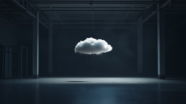 A floating cloud in an empty warehouse illuminated by soft lighting during twilight hours photo