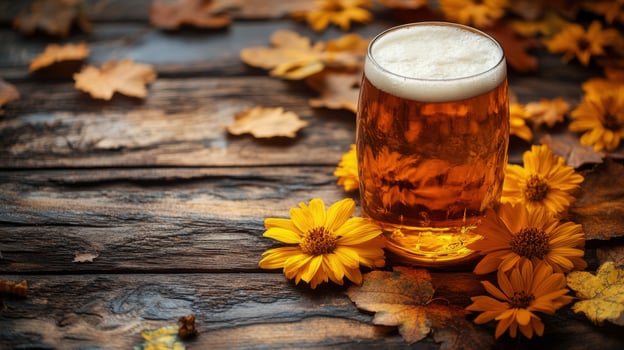 Autumn beer arrangement with colorful leaves and pine cones on a rustic table photo