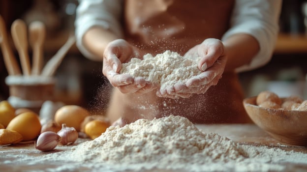Baker sifts flour in a kitchen with fresh eggs on the counter in the morning light photo