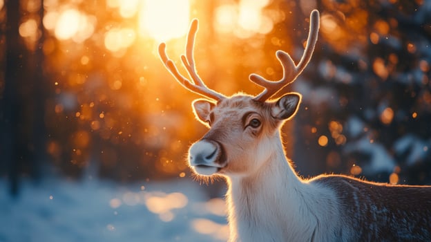 Reindeer grazes in the snowy landscape at sunset in a tranquil winter setting photo