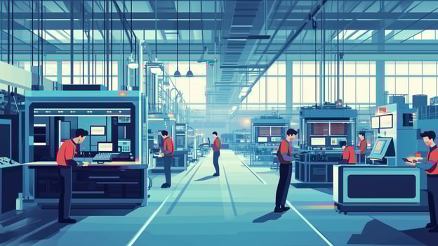 Workers engaged in industrial tasks inside a modern manufacturing facility during daytime operations photo
