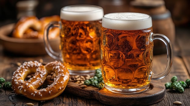 Warm ambiance with two frosty mugs of beer and a pretzel on a rustic wooden table photo