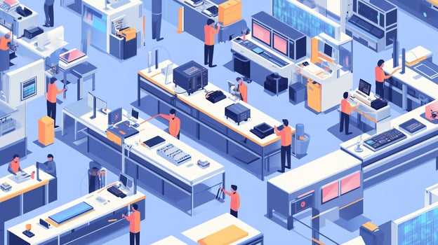 A busy technology assembly line with workers assembling electronic devices in a modern industrial facility during daylight hours photo