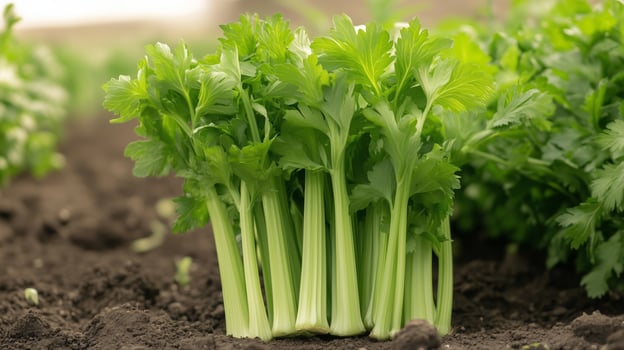 Freshly harvested celery growing in a garden bed, showcasing vibrant green leaves during the early morning light photo