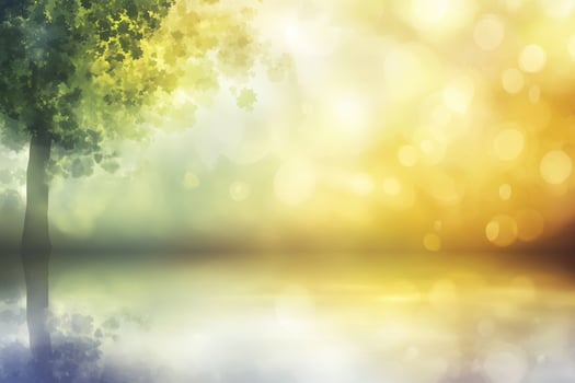 A serene landscape with a reflective body of water, surrounded by colorful bokeh lights and vibrant foliage. photo