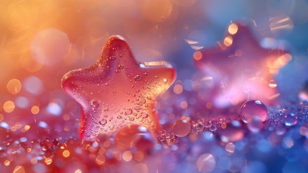 Glowing transparent glass star with air bubbles image copy space. Festive decorative ornament banner background blurred. Fantasy style crystal concept photography copyspace photo