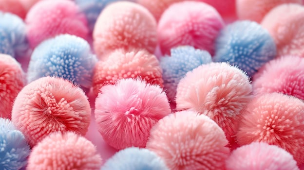 Hairy balls of blue and pink color closeup image. Childish pompoms displayed in sewing shop close up photography. Handicraft hobby pastel fluffballs collection concept photo realistic