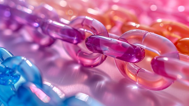 Clear color plastic chains closeup image. Childish bijouterie chainlets collection close up photography. Connected rings rows for accessories craft concept photo realistic