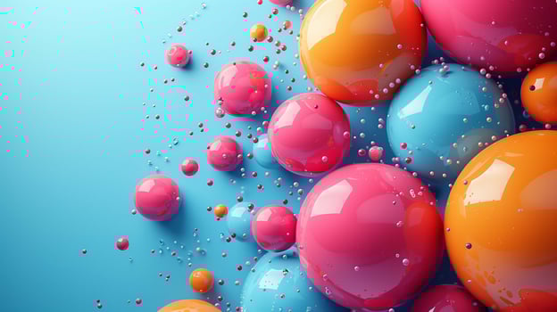 Glossy plastic balls and falling drops 3d rendering image. Round geometric shapes composition on blue background wallpaper colorful realistic. Vivid decor for holiday concept idea photo