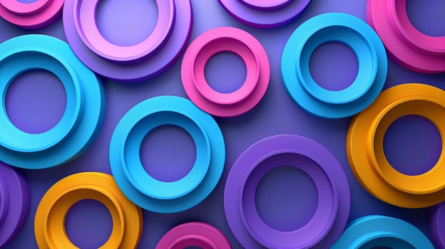 Vibrant plastic ring shaped details 3d rendering image. Geometric pattern of circles on purple background wallpaper colorful realistic. Minimalist childish ornament concept idea photo