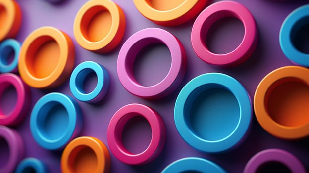 Multicolor vibrant rings pattern 3d rendering image. Different size round element arrangement background wallpaper colorful realistic. Bright ornament with circles concept idea photo