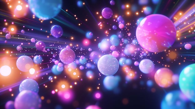 Neon glowing planets in dark space 3d rendering image. Dynamic bright scene with celestial bodies background wallpaper colorful realistic. Cosmos research inspiration concept idea photo
