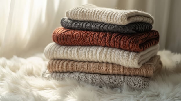 Warmly folded sweaters stacked neatly on a soft surface in a cozy indoor setting, capturing a tranquil moment in autumn photo
