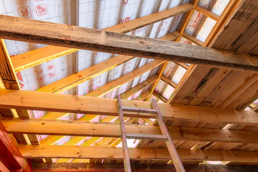 Under-construction residential wooden frame home located near a forest. Commencement of a new construction project for a cozy house or a mountain cottage. Idea of contemporary ecological construction. photo