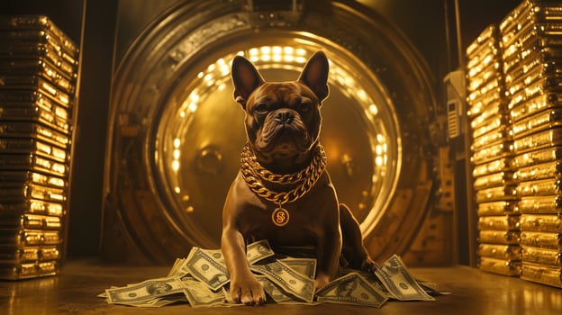 A French Bulldog with a gold chain rests on a pile of cash in front of a vault filled with gold bars at night photo