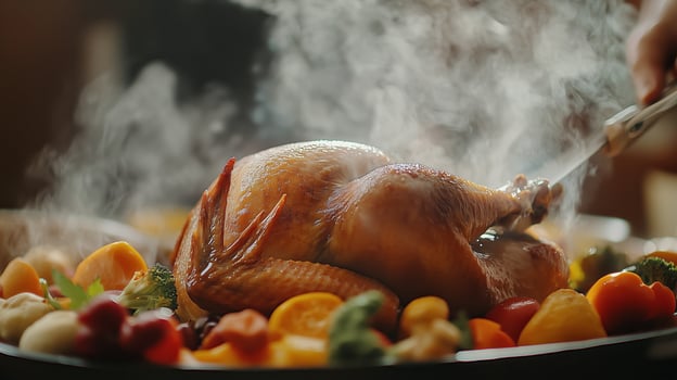 A chef carving a delicious roasted turkey surrounded by colorful vegetables and herbs in a cozy kitchen setting during a festive meal photo