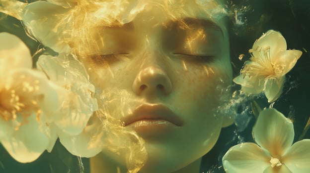 A serene underwater scene featuring a young woman surrounded by delicate flowers in a tranquil atmosphere photo