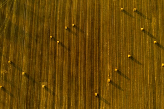 Straw bales on farmland with a blue cloudy sky.Harvested field with bales in Europe.Harvest.Belarus photo