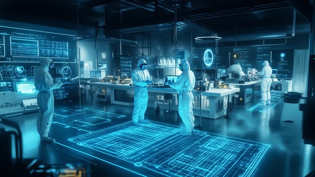 Advanced research lab with scientists in protective gear working on innovative technologies in a futuristic environment photo