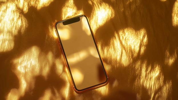A sleek smartphone resting on a golden surface illuminated by soft golden light during a peaceful afternoon photo