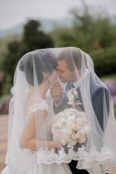 A bride and groom are kissing under a veil photo