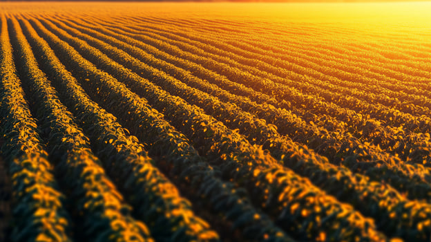 Sunset over rows of crops in a vast agricultural field showcasing the beauty of rural farming landscapes at dusk photo