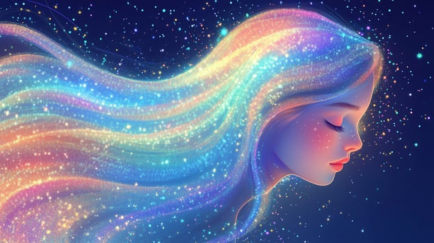 A girl with flowing, colorful hair surrounded by a starry night sky displays enchanting dreamlike qualities photo