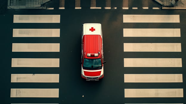 Emergency ambulance crossing a busy pedestrian crosswalk in an urban area during the day photo