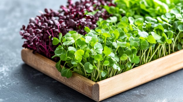 A wooden tray filled with fresh, vibrant microgreens, including green and purple varieties. photo