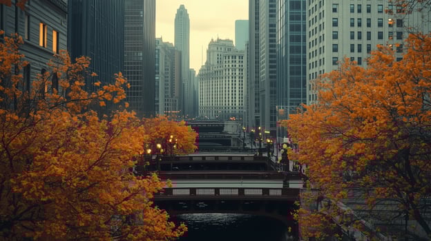 Autumn sunset casting a warm glow over the Chicago River with orange foliage lining the streets and skyscrapers in the background photo