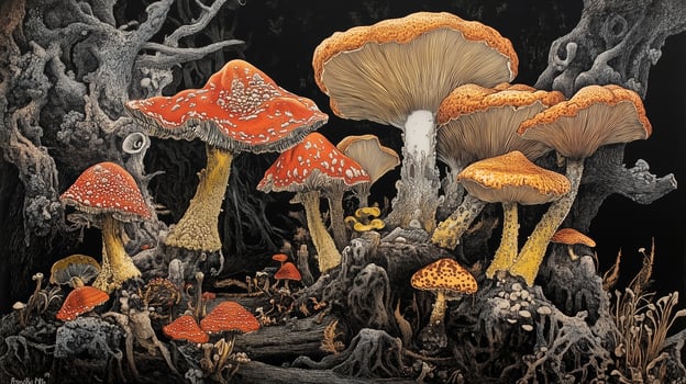 Brightly colored mushrooms thrive in a forest setting under soft, diffused light during early autumn photo