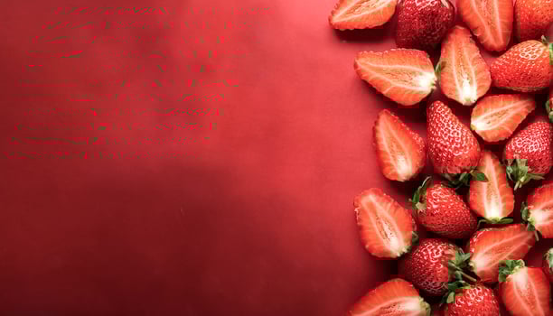 Overhead view of Fresh Ripe organic strawberry halves food summer background. healthy food background. photo