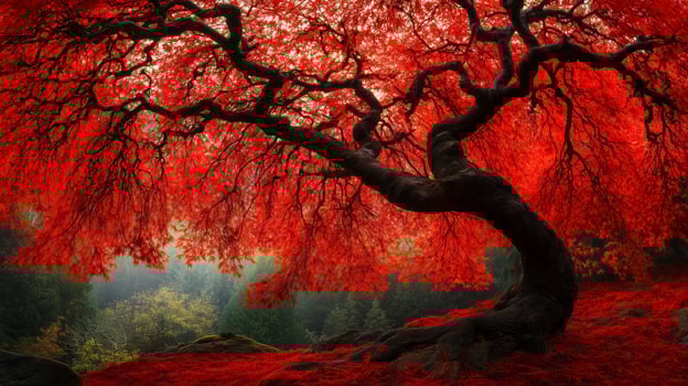 A vibrant red maple tree in autumn foliage stands majestically in a serene forest during early morning light photo