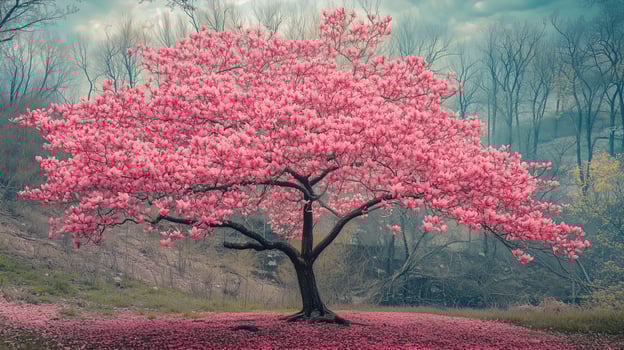 A magnificent pink flowering tree stands alone in a serene landscape during early spring under a cloudy sky photo
