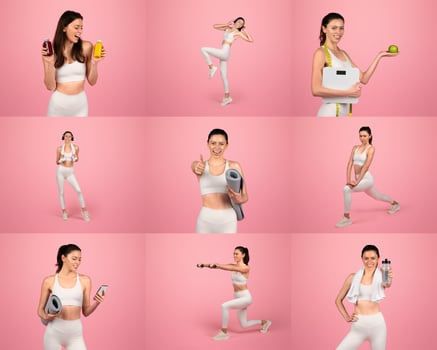 A woman in athletic wear showcases different fitness activities. She holds gym equipment and healthy foods while demonstrating exercises, smiling, and promoting an active lifestyle. photo