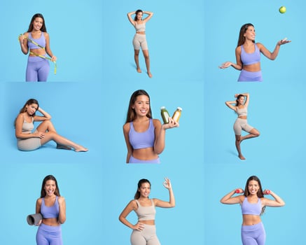 A young woman demonstrates various fitness activities and holds healthy beverages. She poses in a bright blue setting, highlighting an active lifestyle and wellness focus. photo
