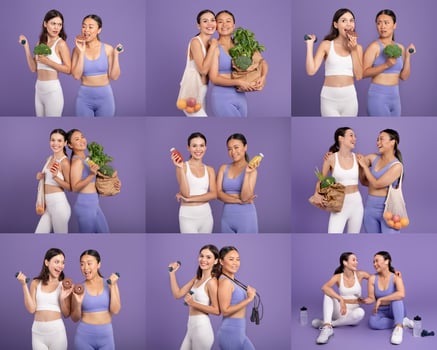 Two multiracial women in matching outfits showcase a variety of healthy foods and fitness items, displaying joyful camaraderie. They pose with fruits, vegetables, and exercise gear photo