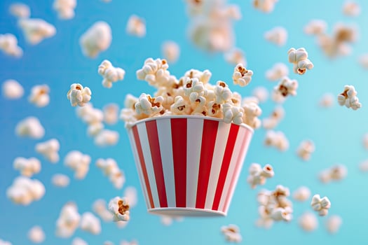 Colorful bucket of popcorn floating against a bright blue background with scattered popcorn pieces photo