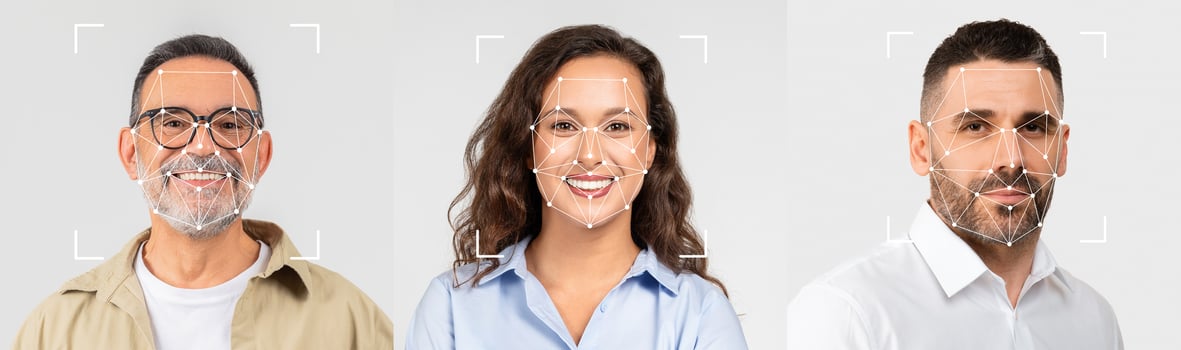 Facial recognition. Three people are joyfully posing side by side, displaying a friendly atmosphere. Their expressions reflect happiness, with a neutral background emphasizing their features. photo