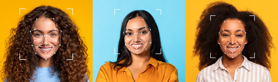 Face ID. Three women with varying curly hairstyles smile confidently. They stand against vibrant yellow and blue backgrounds, showcasing their unique styles and cheerful expressions. photo