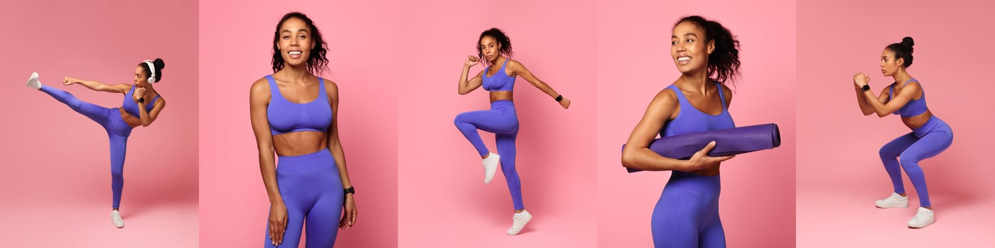 African American woman performs dynamic exercises in purple athletic wear, demonstrating movements like leg lifts, jumps, and squats in a vibrant pink setting, exuding energy and enthusiasm photo