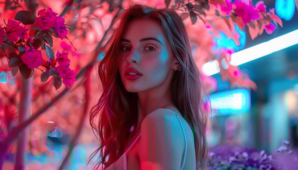 Fashion, millennial woman model, seductive gaze, pink blooming flowers, blue sky background wallpaper backdrop. Copy space, bright neon colors, skincare, natural beauty, youth, attractive photo
