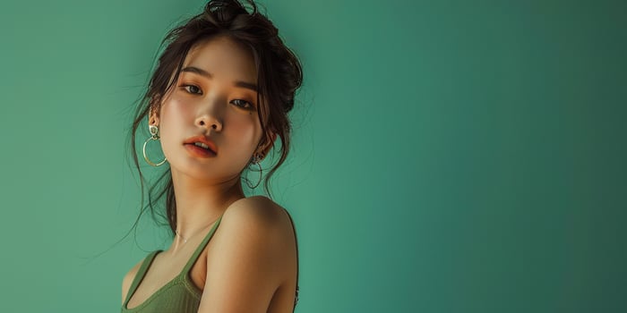 Fashion, young skinny Asian woman model in a crop top, vibrant background wallpaper backdrop. Copy space, bright colors, photo shoot posing, youth, beauty