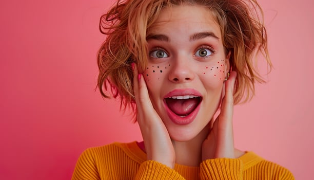 Fashion, young millennial woman smiling, bold makeup, copy space, natural beauty, bright yellow and pink colors background wallpaper backdrop. photo