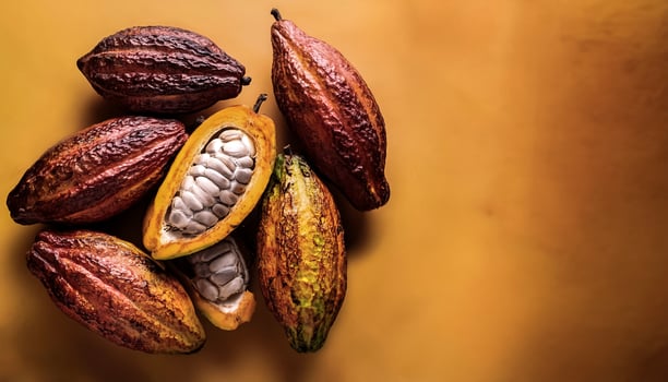 Overhead view of Fresh, Pile, Ripe and juicy sweet cocoa fruits. Halves food summer background photo