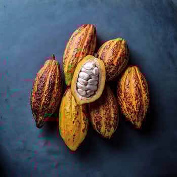 Overhead view of Fresh, Pile, Ripe and juicy sweet cocoa fruits. Halves food summer background photo