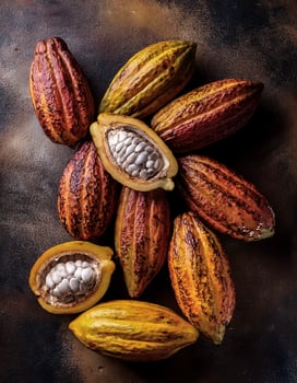 Overhead view of Fresh, Pile, Ripe and juicy sweet cocoa fruits. Halves food summer background photo